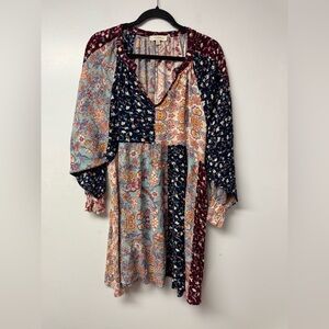 Umgee Patchwork Floral Boho Dress 2XL Babydoll V Neck Peasant Tunic Festival
